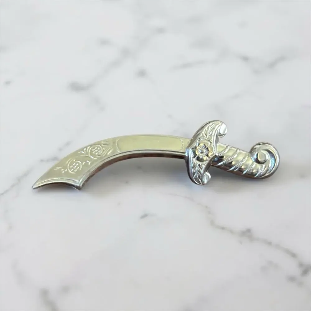Vintage Silver Tone Scimitar Sword Brooch Curved Saber Costume Pin